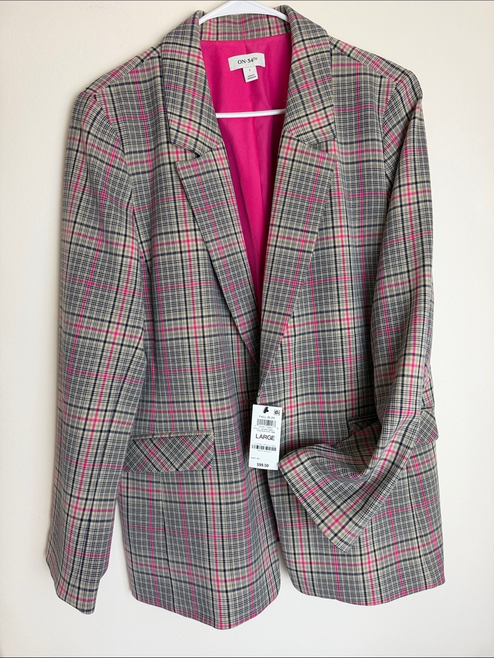 Women's Plaid Blazer Jacket in Gray with Pink Accents
